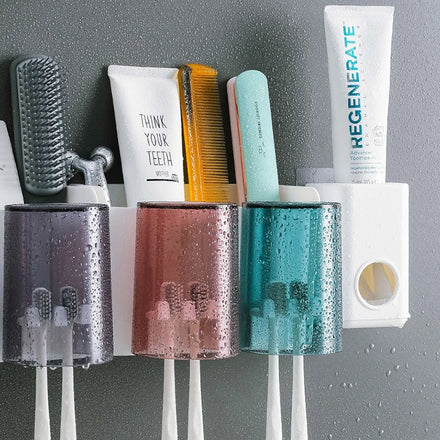 Punch-Free Mouthwash Cup Bathroom Wall-Mounted Storage Box Rack Brushing Cup Toothbrush Holder Set