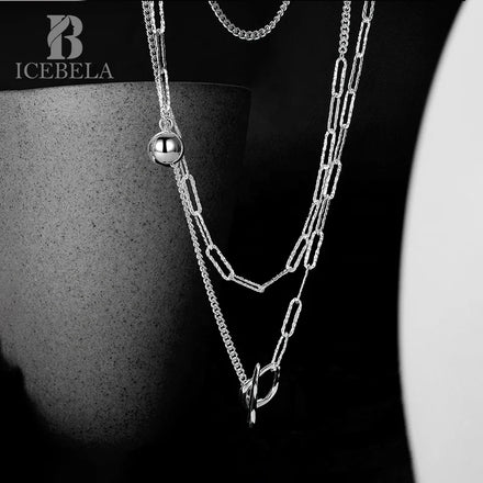 ICEBELA Jewelry 925 Sterling Silver Niche Designer Handmade Women's Necklace Silver Ot Buckle Pleated Sweater Chain