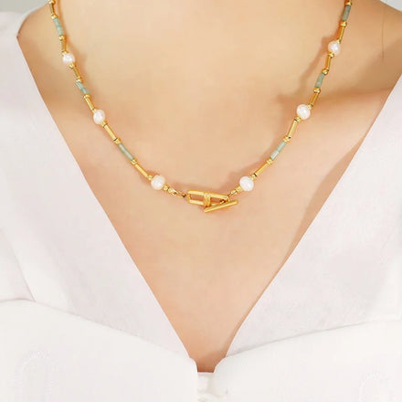 Maiou Designer Trendy Delicate Luxury Natural Stone Freshwater Pearl Stainless Steel OT Style Necklace for Women Jewelry