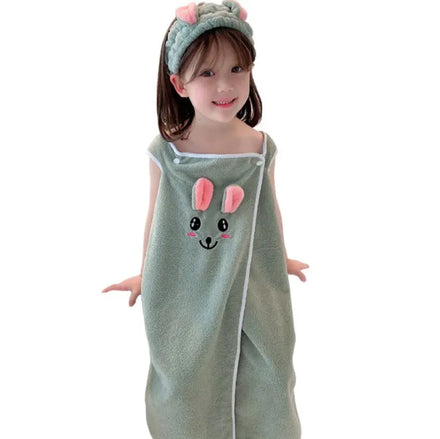 Soft Coral Fleece Cartoon Kids Children Wearable Bath Towel Hair Band Set