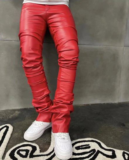 Mens Lightweight Casual PU Leather Skinny Fit Elastic Fashion Trousers Motorcycle Thin Streetwear Stacked Flare Pants