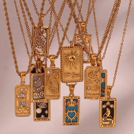 Luxury REAL 18K GOLD Plated Stainless Steel Moon Star Lovers Rectangular Pendant Women Tarot Card Necklace Jewelry