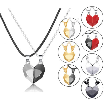 2pcs Two Souls One Heart Matching Couple Necklace Wishing Stone Creative Magnetic Heart Necklace for Couples Valentine's Day