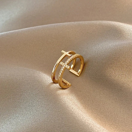 Fashion Double Layer Cross Stackable Cubic Zirconia Adjustable Finger Rings for Women Bling Korean Jewelry