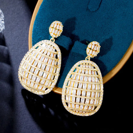 Popular Brass Yellow Gold Filled Hollow Round Big Earring Wedding Bridal Jewelry for Women Rectangle Cut Cubic Zirconia Crystal
