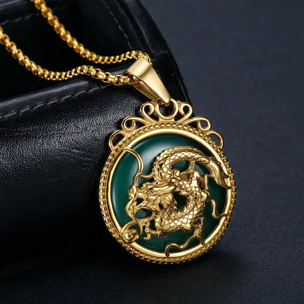 Non Tarnish China Dragon Charm Fashion Green Jade Dragon Pendant Necklace 18k Gold Plated Stainless Steel Jade Stone Necklace