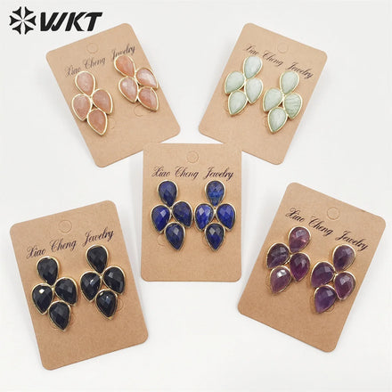 WT-E704 Newest Fashion Gold Electroplated Multi Gemstone Studs Earrings Gorgeous Women Water Drop Lapis Quartz Wedding Earrings