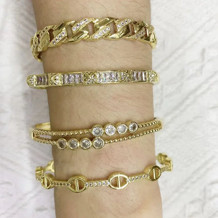BC2107 18K Gold Plated Bracelet CZ Baguette Micro Pave Pyramid Spike Horseshoe Coffee Bean Link Chain Hand Cuff Bangle Bracelet