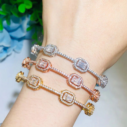 Stackable Square Shape Statement Bangle for Women Wedding Cubic Zircon Crystal CZ Inlaid Copper Gold Plated Cuff Bracelet