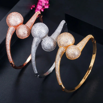 Unique Design Micro Pave CZ Zircon Inlaid Round Ball Dubai Gold Plated Open Cuff Bangle Bracelet for Wedding Copper Jewelry