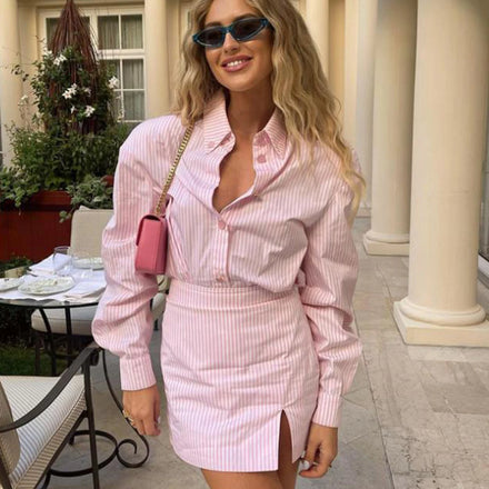 Enyami New Spring Feminine Sweet Romantic Lapel Blouse Pink Striped Mini Skirt Cotton Two Piece Co Ord Set