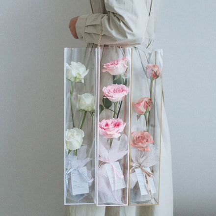 Wholesale Flower Box Creative PVC Transparent Festive Fashion Single Rose Portable Flower Bag with Chain Handle