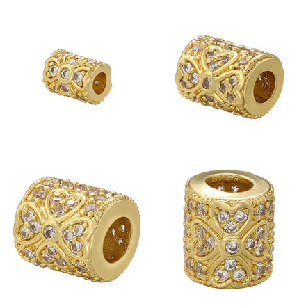 CZ8633 Large Hole Rhodium 18k Gold Plated Cubic Zirconia CZ Love Heart Flower Pattern Spacer BeadsDiamond Pave Tube Spacers