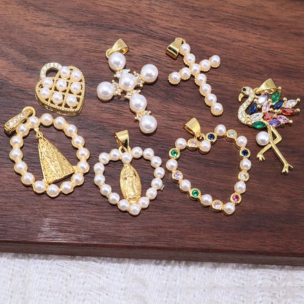 CZ8635 Chic Dainty 18K Gold Plated CZ Cubic Zirconia Pave Pearl Heart Virgin Mary Cross Charm Pendant Jewelry Making Supply
