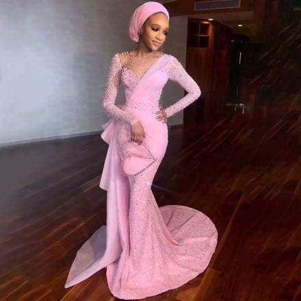 Serene Hill LA71746 Elegant Pink Mermaid Beaded Evening Dress Long Sleeve Illusion Neck Party Gowns with Side Tulle Drape
