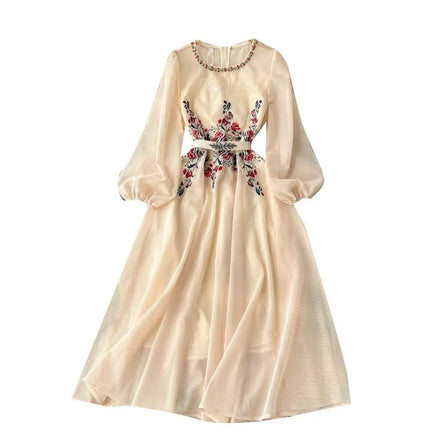Elegant Ladies Long Sleeve V-Neck Embroidered Floral Print Long Dress Autumn New Design Maxi Cuff Lace up Women's Dress