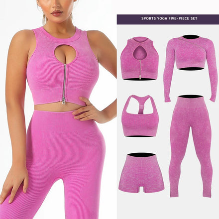 FLW Acid Wash Yoga Active Wear 5 Piece Set Ropa De Deportiva Mujer Workout Clothing Seamless Women Gym Yoga Wear Set
