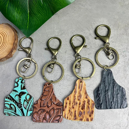 Western Retro Trendy Embossed Flower Pattern Texture Shield Keychain Pendant Multicolor Cowhide Leather Key Chain