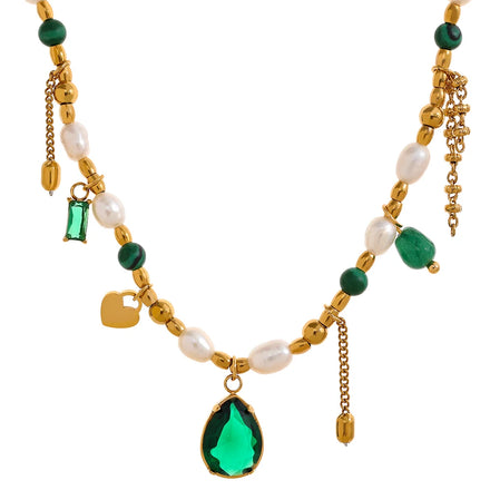 JINYOU 559 Luxury Bling Green Cubic Zirconia Pendant Natural Pearl Stone Chain Necklace Fashion Stainless Steel Handmade Jewelry