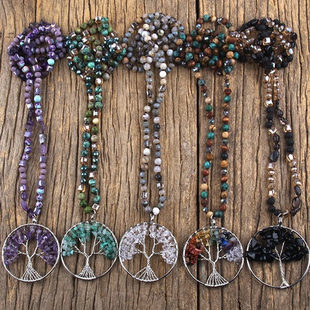 Fashion Bohemian Handmade Jewelry 6mm Natural Stone Crystal Glass Necklace 7 Chakra Tree of Life Pendant Healing Necklace