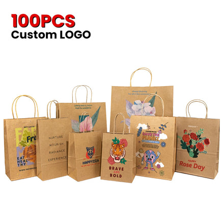 Small MOQ Eco-friendly Brown Kraft Paper Bags with Handles Recycled Takeaway Food Bags for Pizza for Restaurants