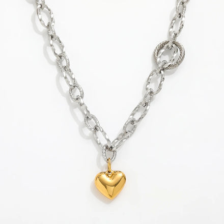 Fenny Wholesale 18K PVD Plated Fast Delivary Stylish Chunky Two-tone Chain Love Heart Pendant Stainless Steel Necklace for Women