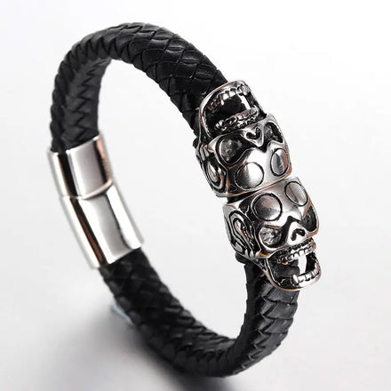 Original New Skull Men's Bracelet Punk Style Magnetic Buckle Men's Leather Bracelet Jewelry Double Skull Pattern SK-001