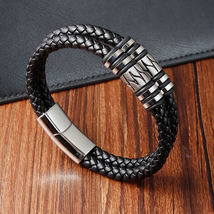 Fashion Personalized Best Selling Double Layer Charm Adjust Black Leather Bracelets for Men Jewelry Magnetic Clasp