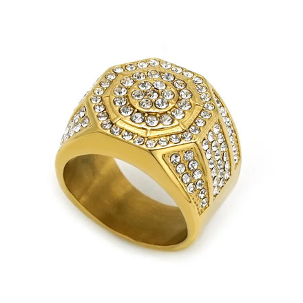 Hip Hop Gold Plated Ring Stainless Steel Full Diamond Geometric Ring