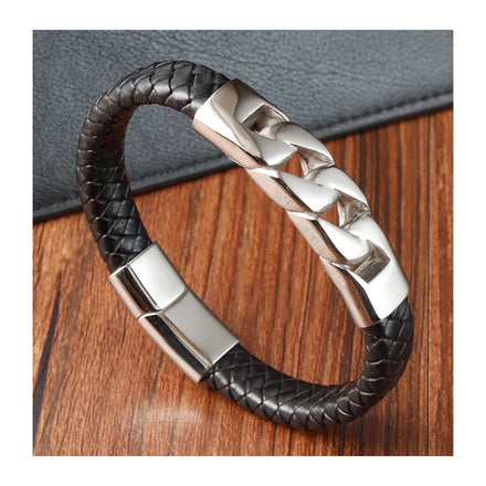 European Men's Hip Hop Mink Stainless Steel Hand Bracelet Fashion Genuine Leather Braided Bracelet Titanium Steel Jewelry Bangle