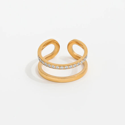 Joolim High End 18K Gold Plated Double-layer Dainty Zirconia Half Pave Stainless Steel Rings for Women