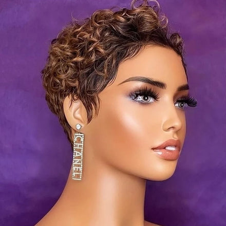 New Glueless #4/27 Brown Fumi Curls Pixie Short Cut Bob Wig Natural Look Remy Human Hair Swiss Lace Front Wigs