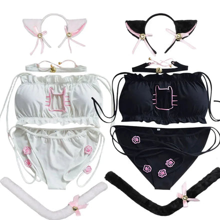 Japanese Anime Cos Cute Cat Girl Hollow Out Open Chest Lace-up Underwear Set Cosplay Cute Lace Panties Set