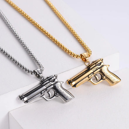 Hip Hop Jewelry 18K Gold Plated Gun Models Pendant Necklace Stainless Pistol Charm Necklace for Men Women