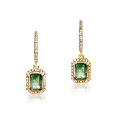 Dainty Wedding Jewelry 925 Sterling Silver Green Gemstone Stud Earring 18K Gold Plated Rectangle Moss Agate Drop Earrings