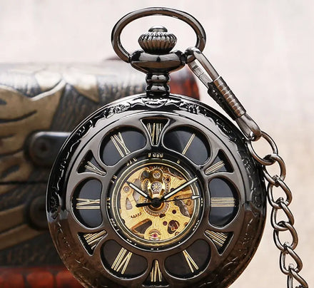 Antique Hollow Pendant Self Winding KeyChain Clock Automatic Mechanical Skeleton Dial Roman Pocket Watch