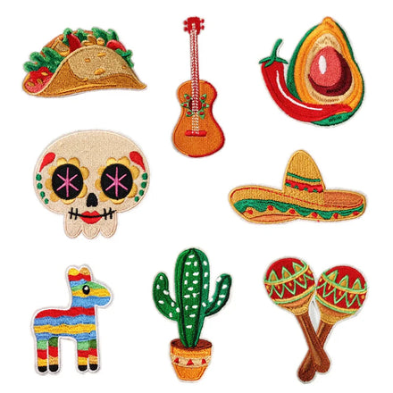 NODA Iron on Embroidery Mexican Specialties Holiday Hat Taco Guitar Hand Drum Patch for Decoration