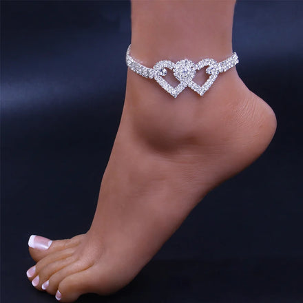 Luxury Lady Silver Gold Tone Bling Crystal Cuban Link Anklets Bracelet Set Jewelry for Women Rhinestone Tennis Heart Anklet