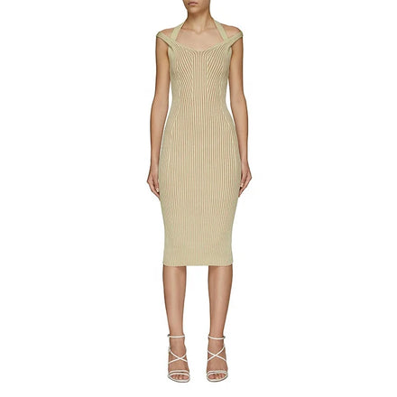 Custom Summer Autumn V-Neck Sleeveless Halter Elegant Simple Midi Casual Sweater Knit Dress for Women