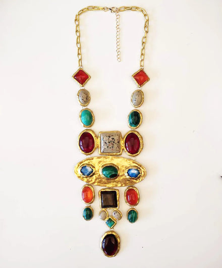 Baroque Geometric Stones Long Necklace Vintage Colorful Court Style Jumper Chain