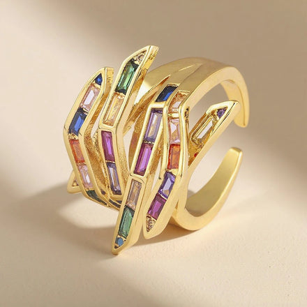 QIKU Punk Design Rainbow Rhinestone Opening Adjustable Chunky Finger Rings Jewelry Engagement Wedding Party Girl Gift Wholesale