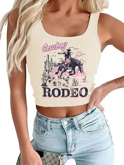 Women Western Cowgirl Ribbed Crop Tank Top Vintage Rodeo Cowboy Print Sleeveless Square Neck Cropped Vest T Shirts Wholesale