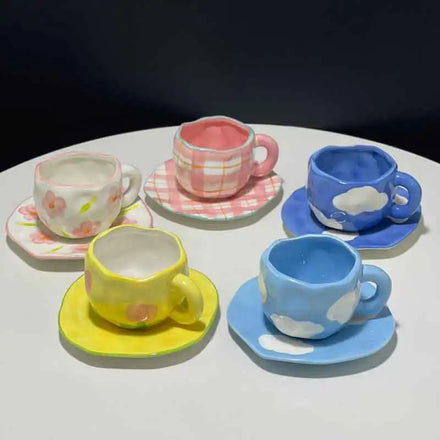 Handmade Irregular Porcelain Tea Cup and Saucers Underglaze Color Hand-Painted Ceramic for Afternoon Tea Coffee Unique Design