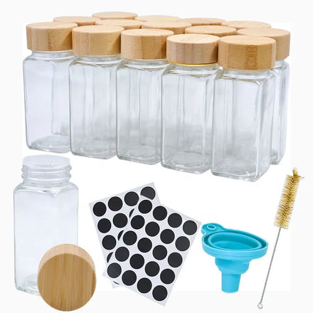 Bamboo Lid Glass Spice Jars Set With Labels Shaker Lids