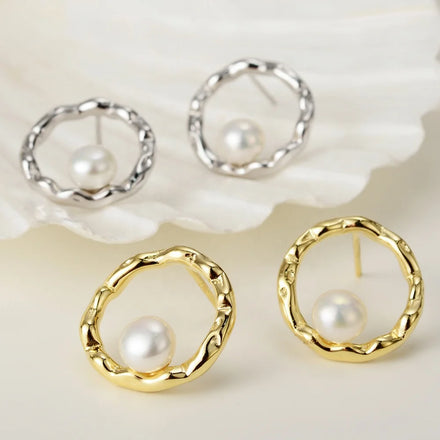 ICEBELA 925 Sterling Silver Irregular Hollow Circle Earrings Female Personality Versatile Freshwater Pearl Earrings