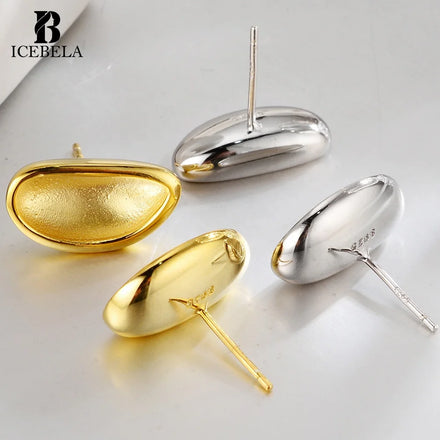 ICEBELA Original S925 Sterling Silver Geometric Concave Personality Ear Studs Popular Design Frost Textured Earrings Female