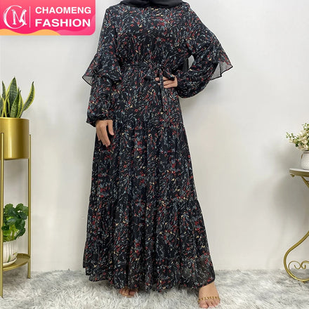 6564# Premium Chiffon Small Floral Dress Muslim Women Long Sleeve Printed Maxi Dresses With Full Lining 5 Colors