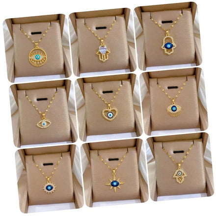 90 Design Dainty 18k Gold Plated Blue Enamel Turkish Hamsa Eye Heart Necklace Stainless Steel CZ Crystal Evil Eyes Necklace