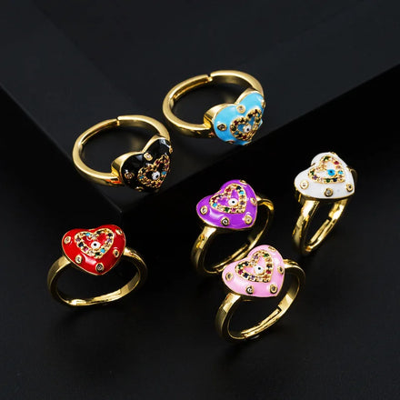 Hot Selling Colorful Enamel CZ Heart Open Rings Multi Color Gold Plated Rhinestones Turkish Evil Eyes Rings for Mother Gift
