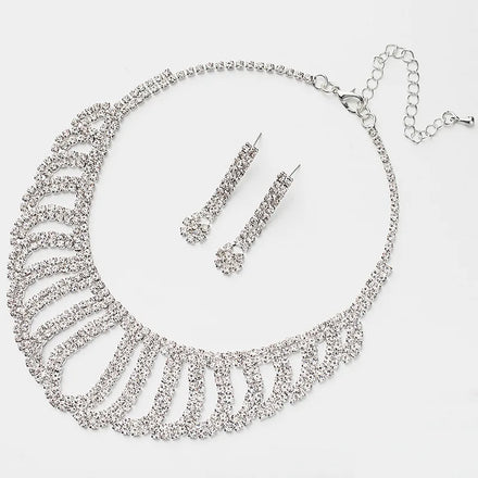 Women's Vintage Crystal Filigree Necklace Earrings Set Shiny Bling Glass Stone Gold Statement Bridal Jewelry Weddings